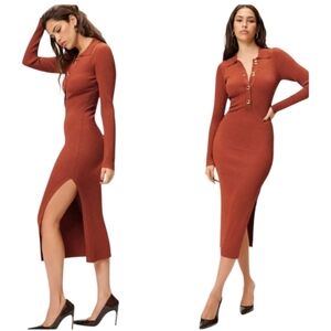 GOOD AMERICAN POLO LONG SLEEVE STRETCH KNIT MIDI BRICK COLOR DRESS
